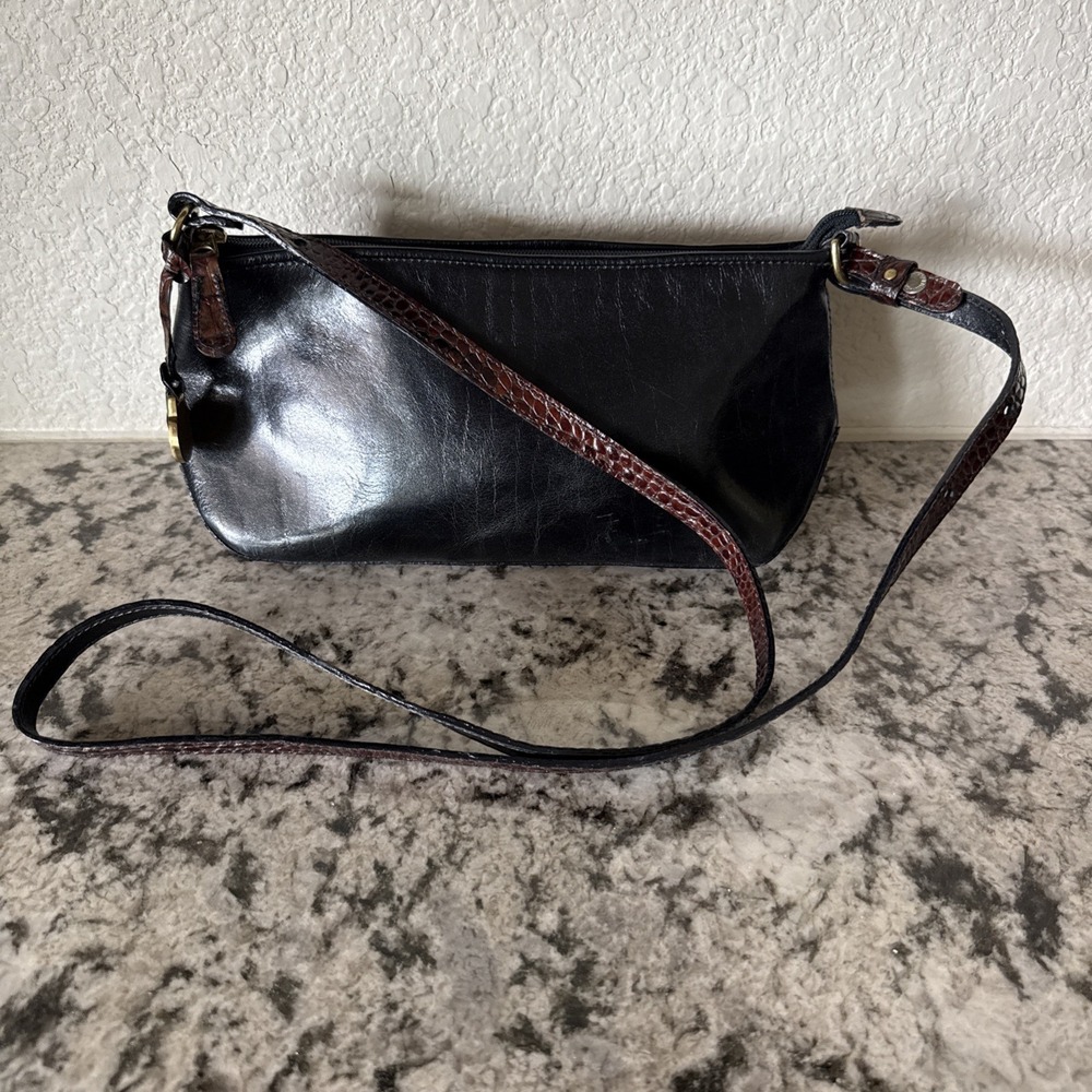 Brahmin Black Leather w/ Brown Croc Small Shoulder/Crossbody Strap Zip Purse
